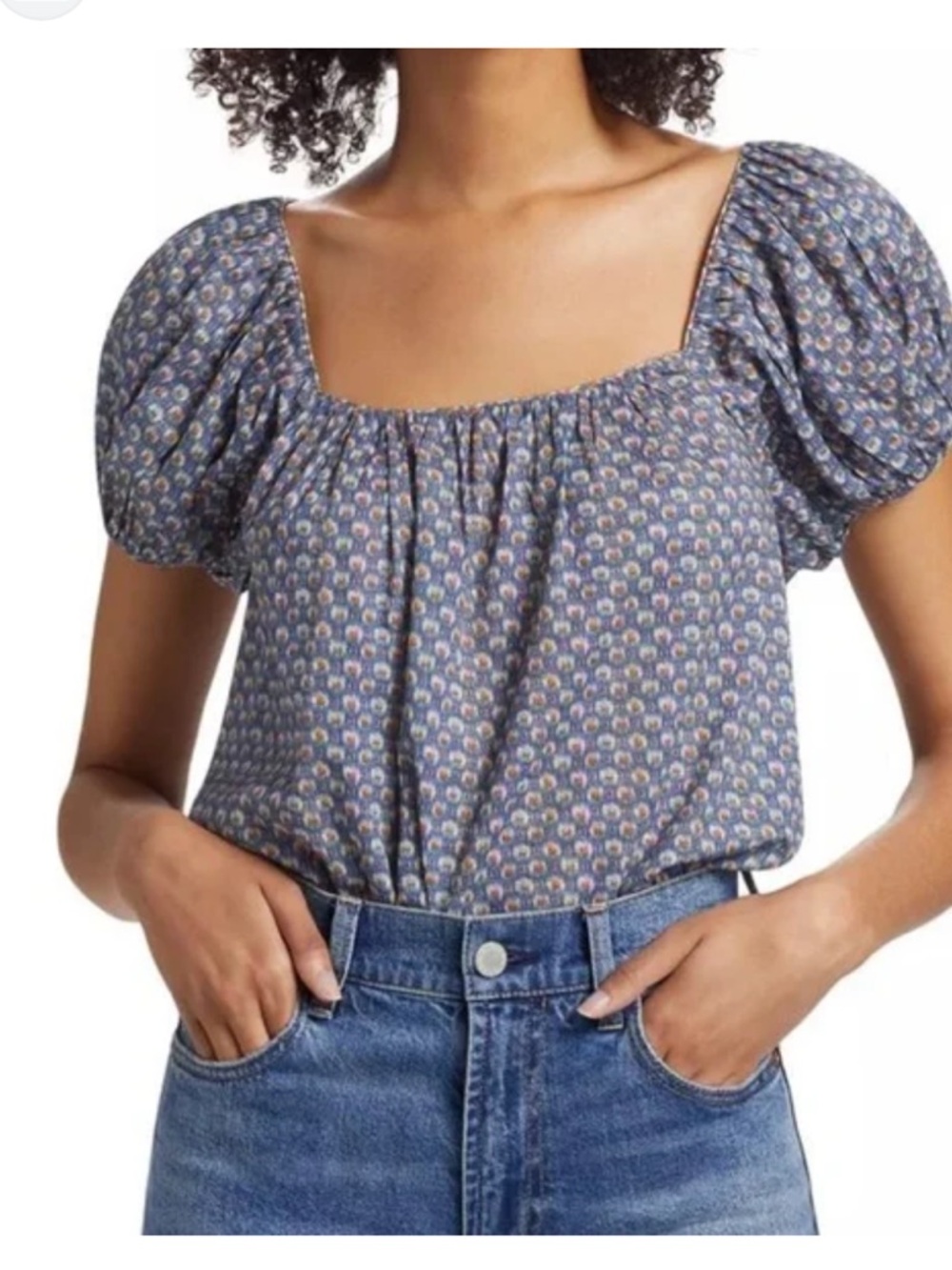 Doen Tonya Dahlia Ikat Square-Neck Puff Sleeve Top — Blue/White